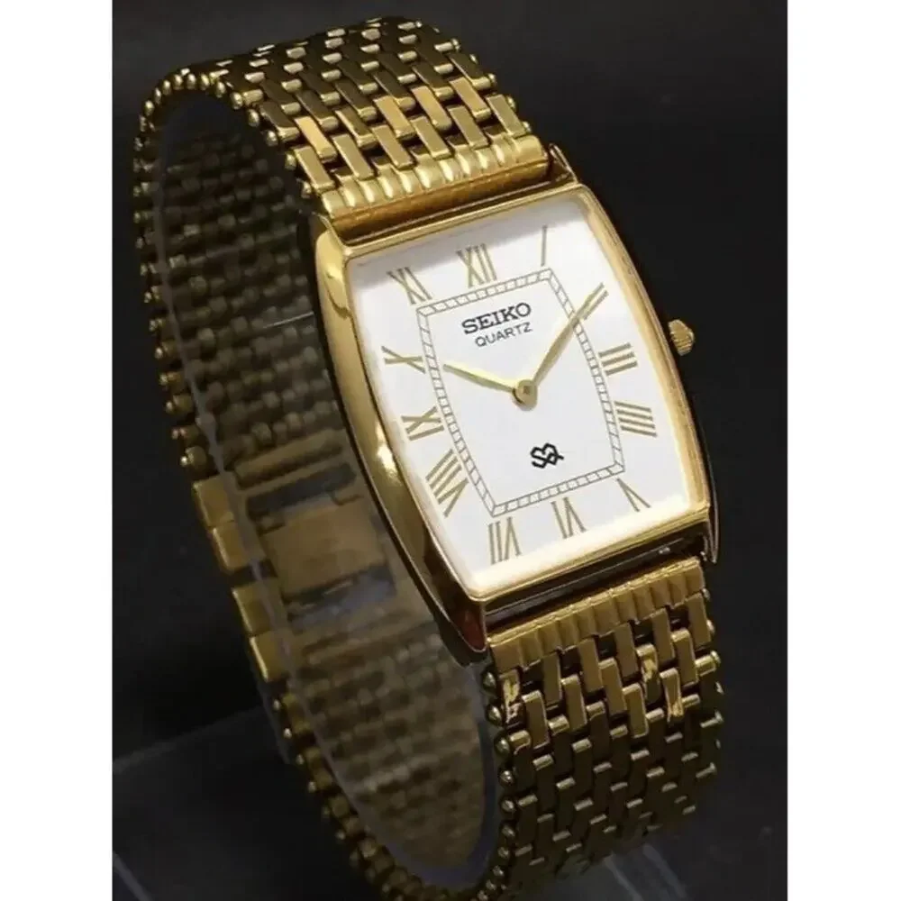 Vintage Style Seiko Quartz Mens Gold Watch & White accents W/ Metal Strap